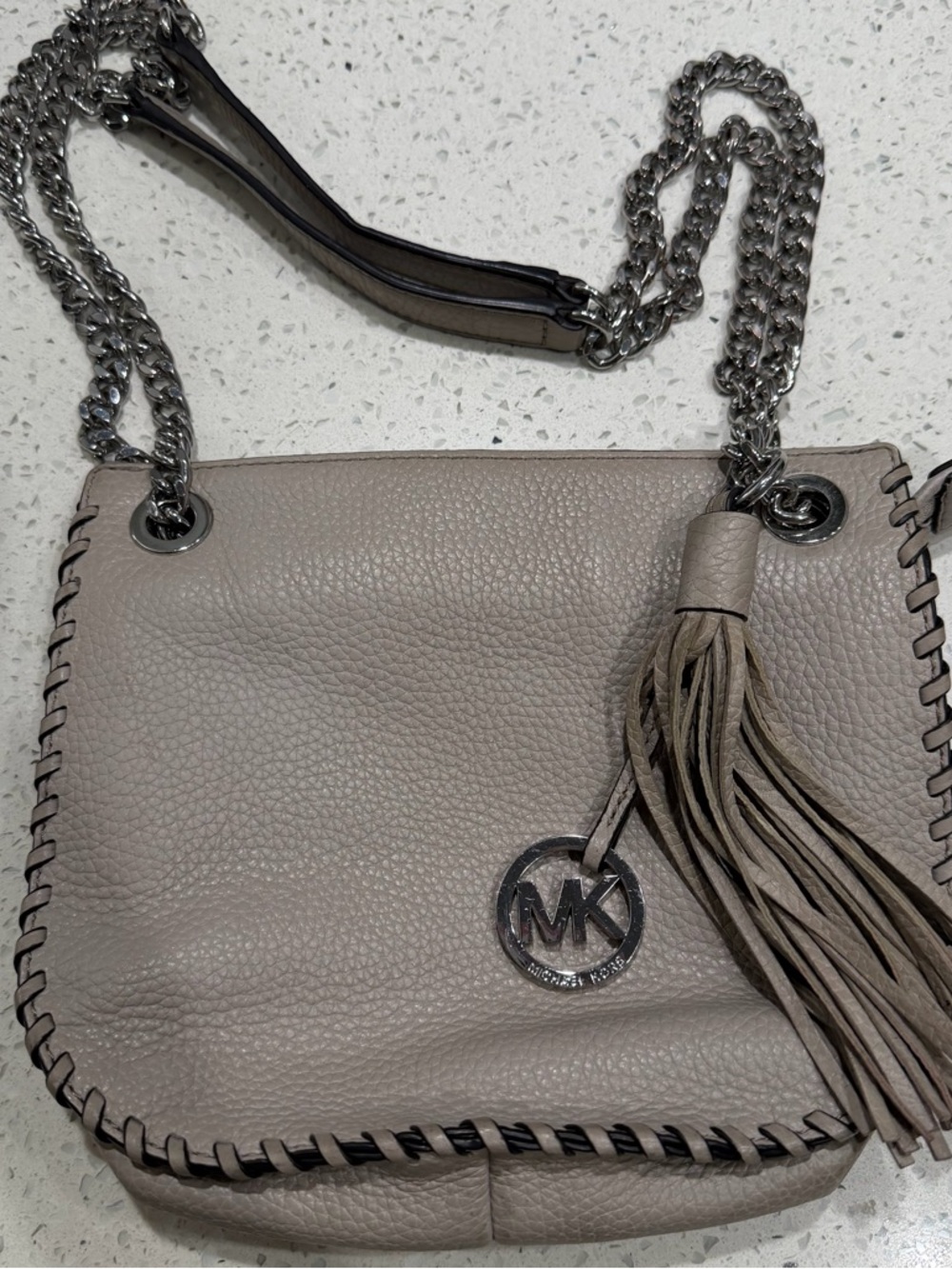Michael Kors Pebbled Leather Tassel Shoulder Bag in Taupe Gray